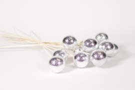 Y8-000183 Paquet de 12 pics boules en plastique argent brillant D6cm H56cm