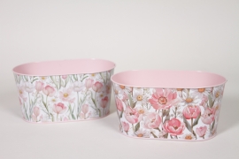 Y8-000199 Jardini&egrave;re en zinc fleurs roses assortie 19,5x11,5cm H9cm