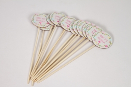 Y8-000200 Pack of 12 wooden picks Bonne f&ecirc;te maman D6cm H15cm
