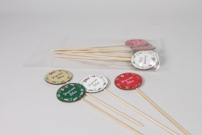 Y8-000216 Paquet 12 pics joyeuses f�tes en bois assorties D6cm H27cm