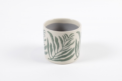 YU-000009 Cache-pot en c�ramique palme vert D14cm H12.5cm